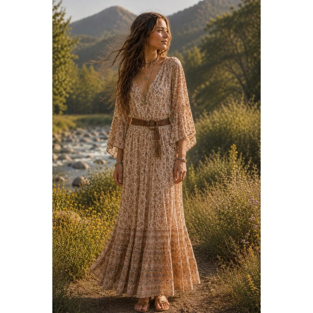 Brown & Tan Woven Belt Wide Boho Ring Buckle Tassel Fringe 36